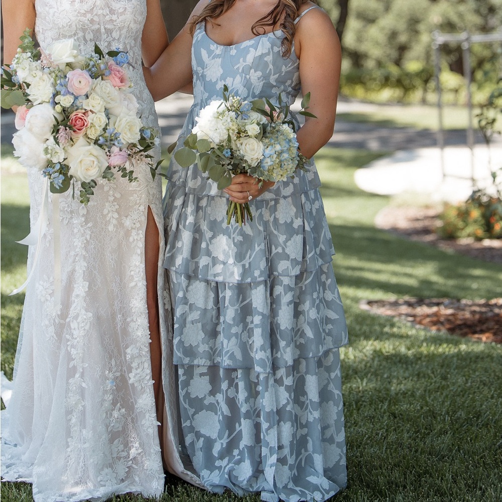 Elegant ruffle, slit, and floral Bridesmaid/ Wedding Guest  Dress